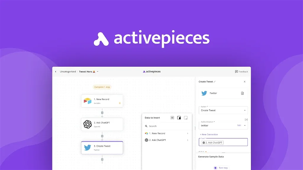 A screen image portainig an automation made with activepieces where chatgpt, twitter and airtable are integrated togheter.
