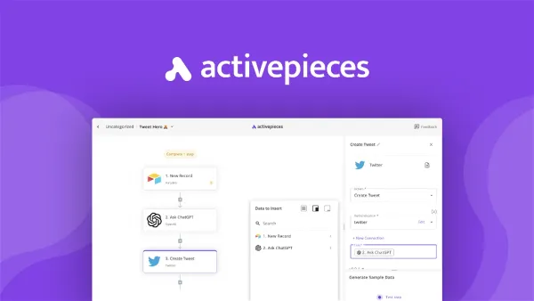 A screen image portainig an automation made with activepieces where chatgpt, twitter and airtable are integrated togheter.